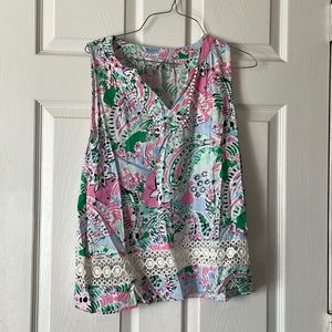 Crown and ivy preppy pink blue green white lacy detail flowing blouse shirt top